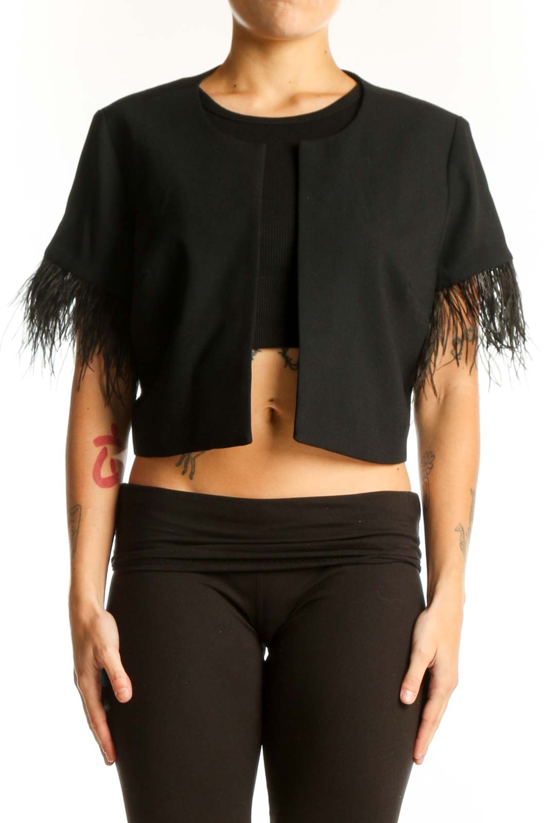 Black Feather-Trimmed Cropped Jacket Front