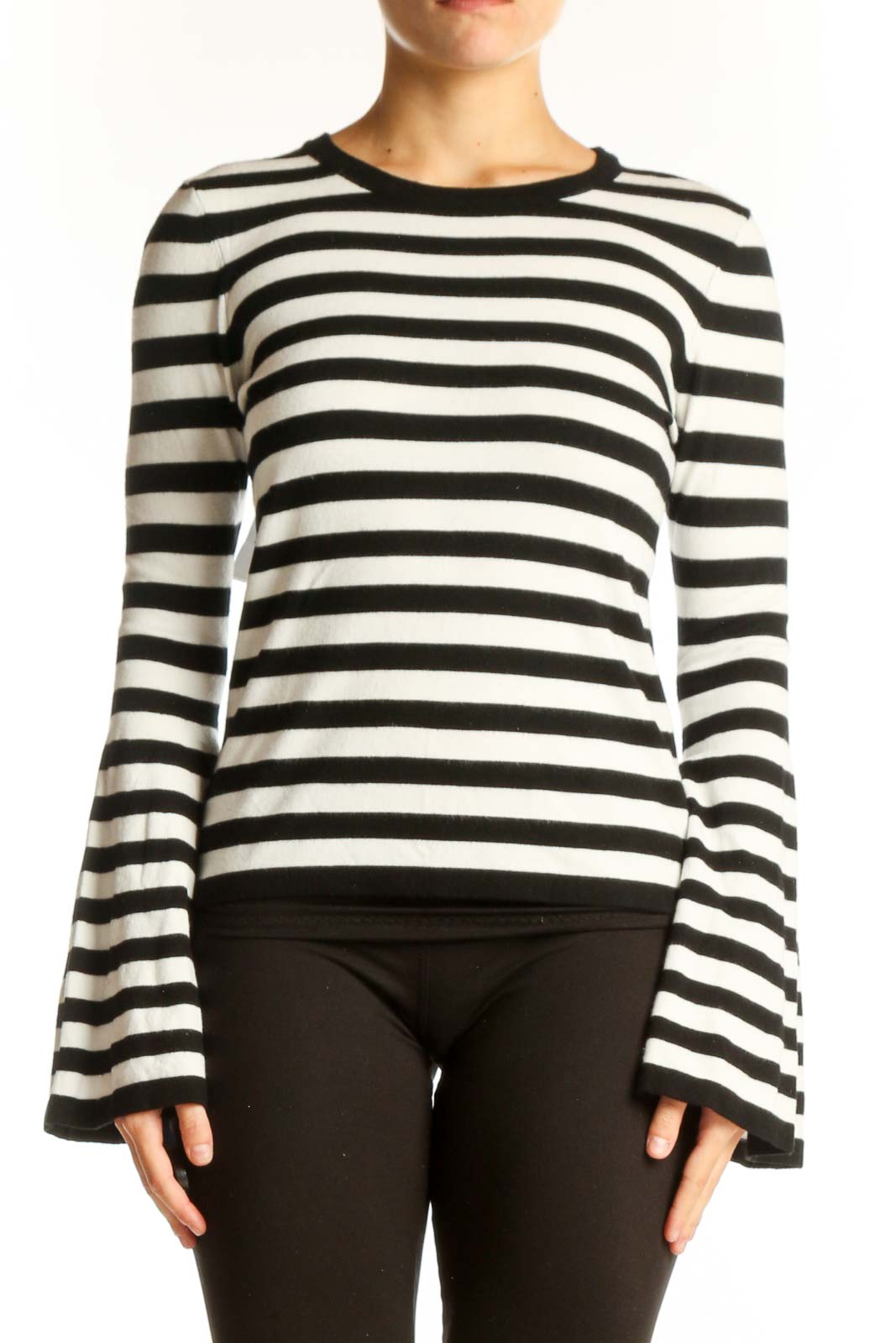 Black and White Striped Bell Sleeve Knit Top Front
