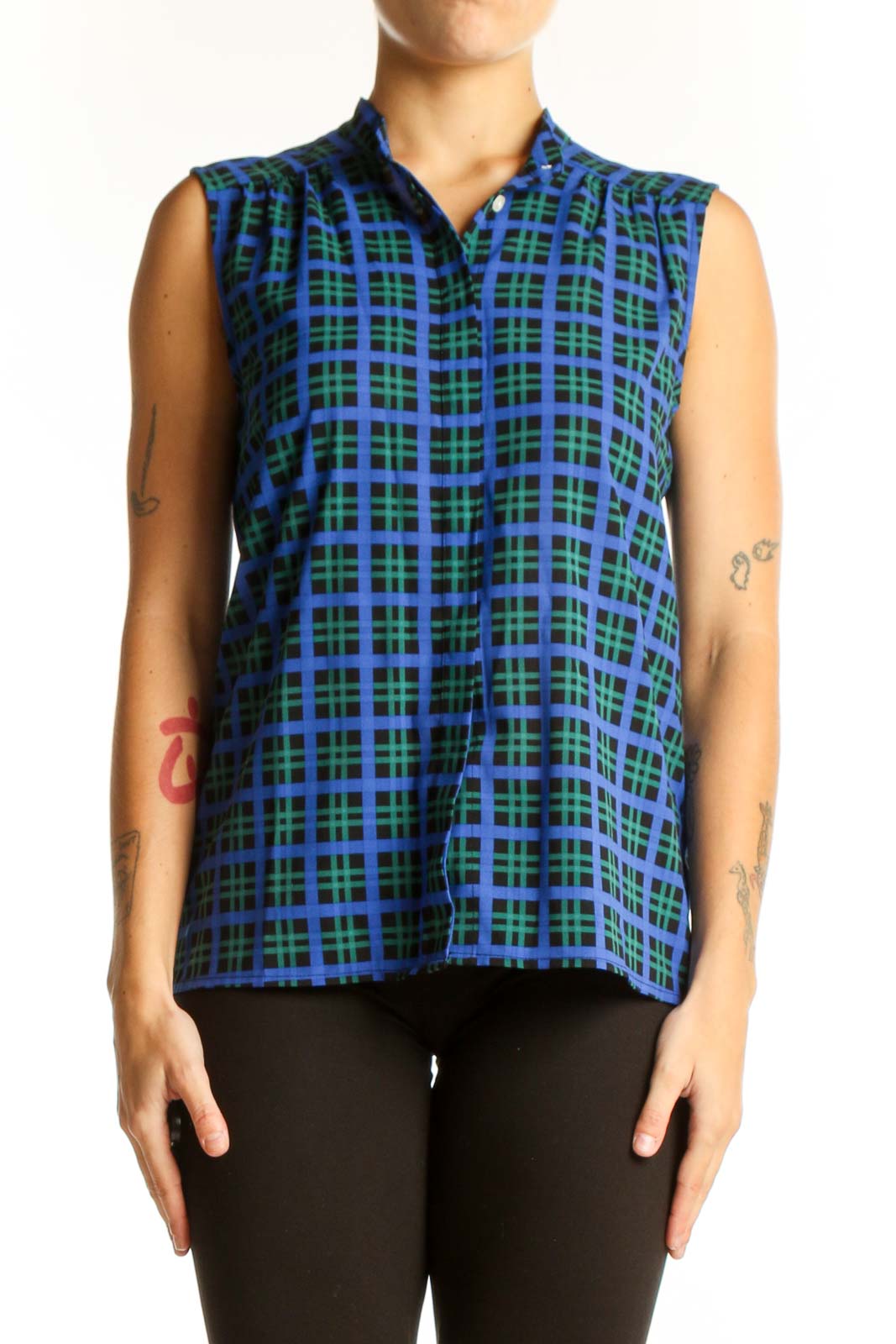 Blue and Green Plaid Sleeveless Top Front