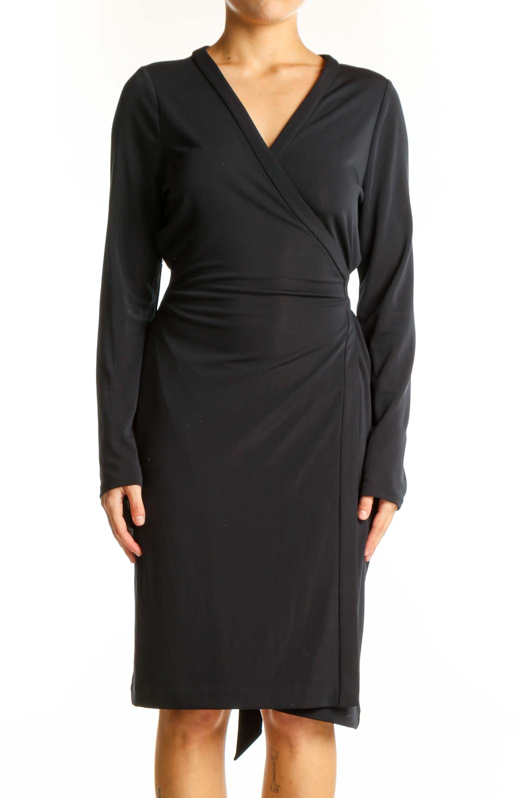 Black Wrap-Style Polyester Dress Front
