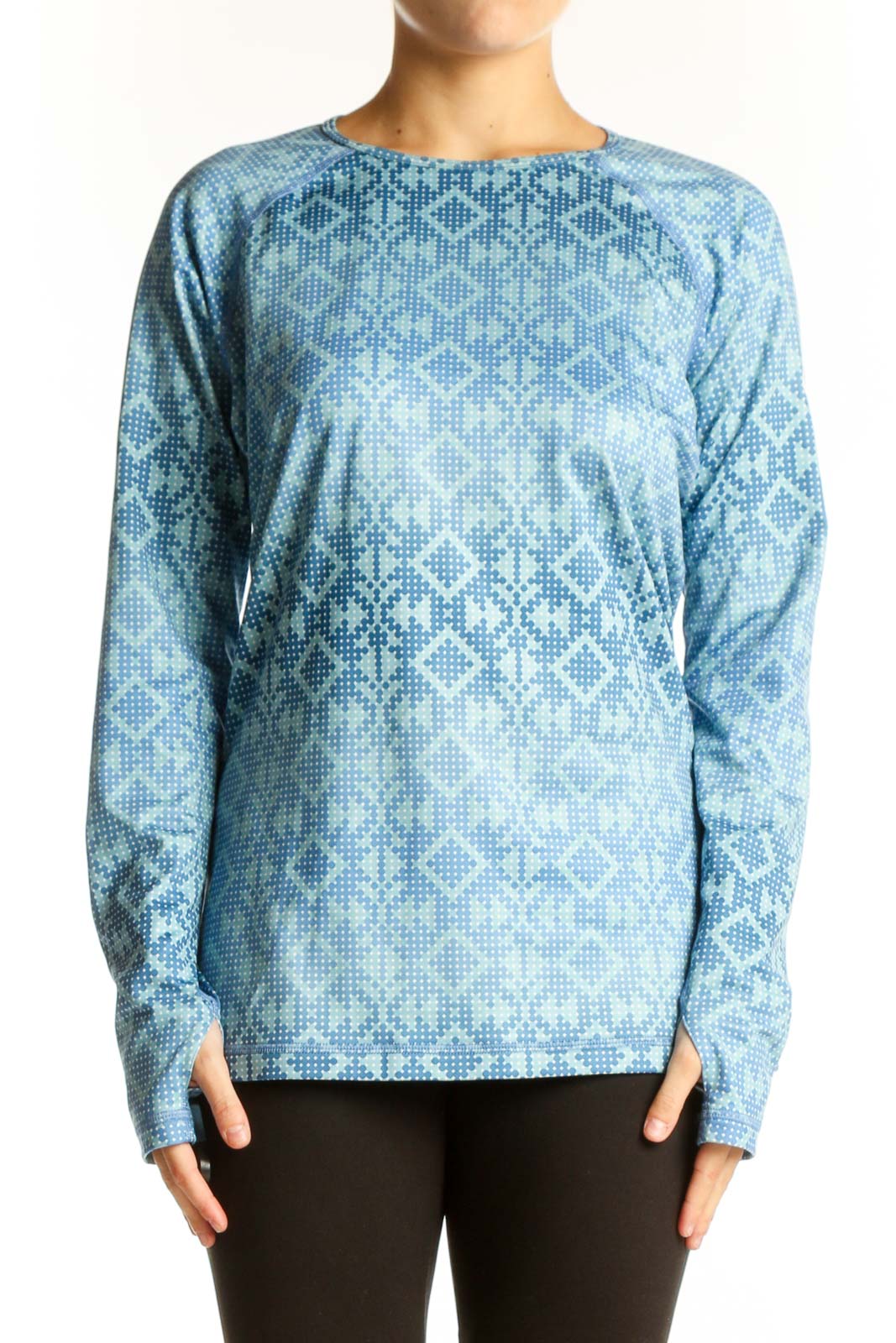 Blue Geometric Print Long Sleeve Athletic Top Front