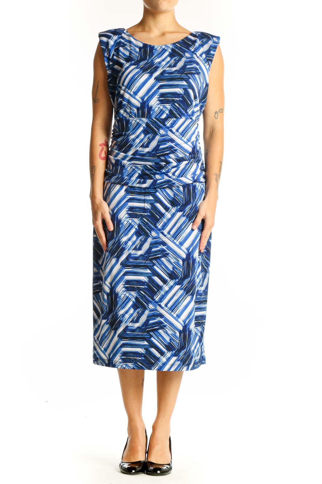 Blue Geometric Print Midi Dress Front