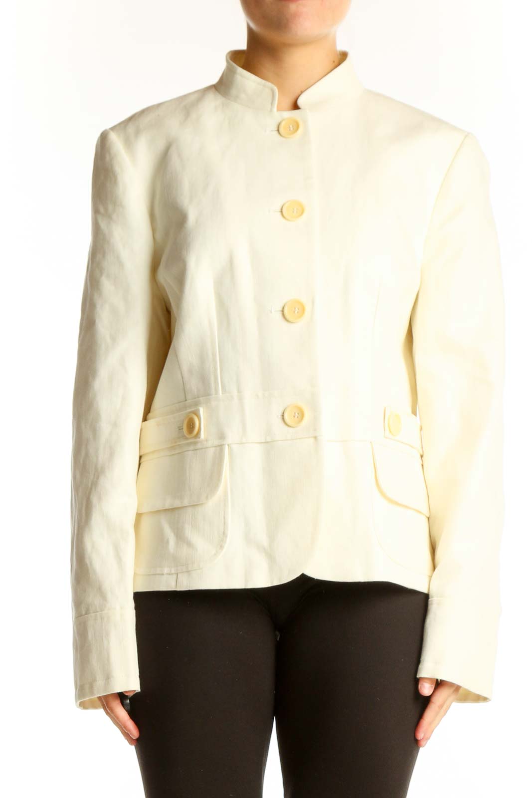 Cream Structured Mandarin Collar Jacket Front