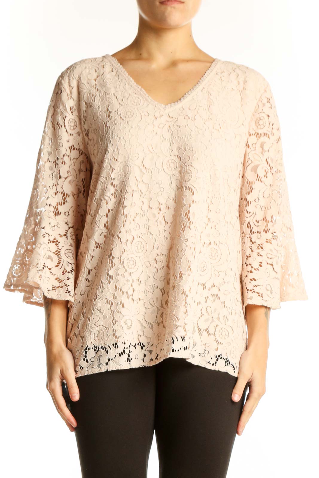 Blush Lace Bell Sleeve V-Neck Blouse Front