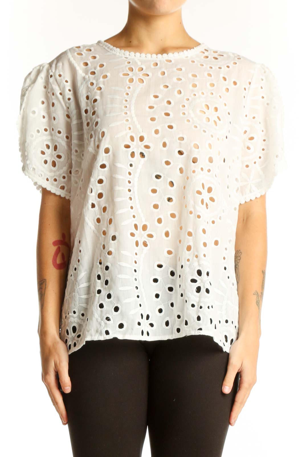 White Eyelet Lace Short Sleeve Top Front
