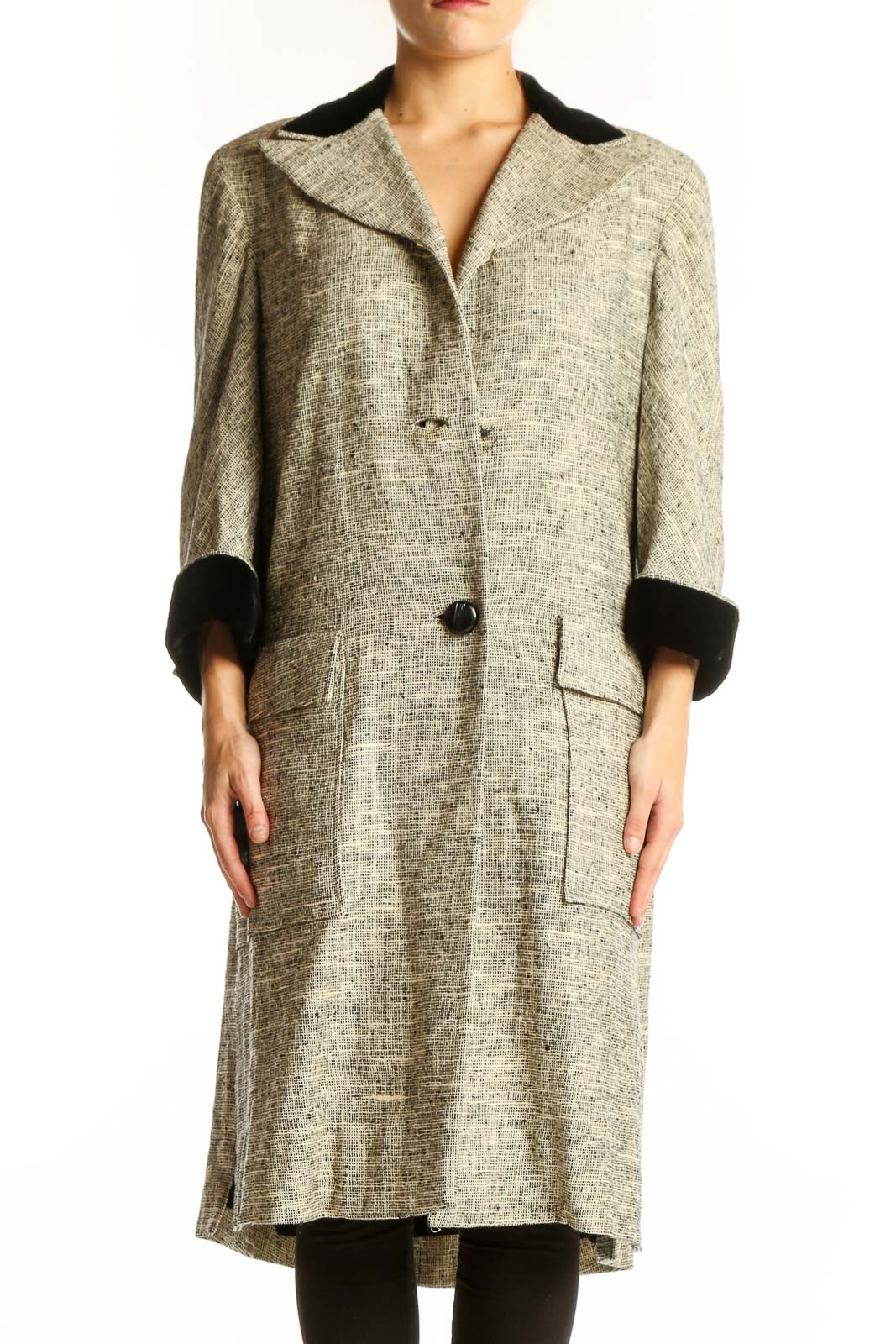 Beige Textured Long Coat with Black Accents Front