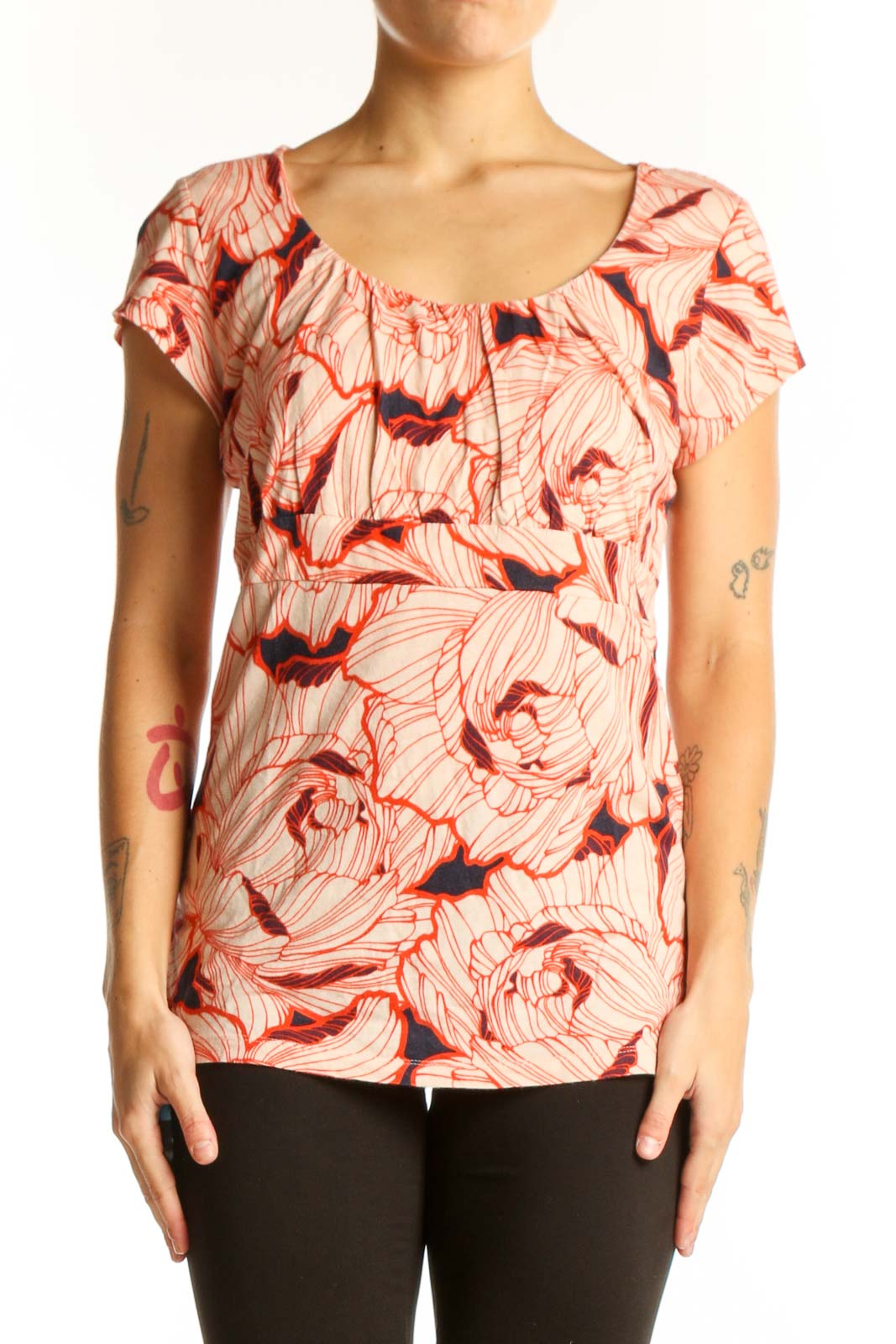 Coral Floral Print Ruffle Top Front