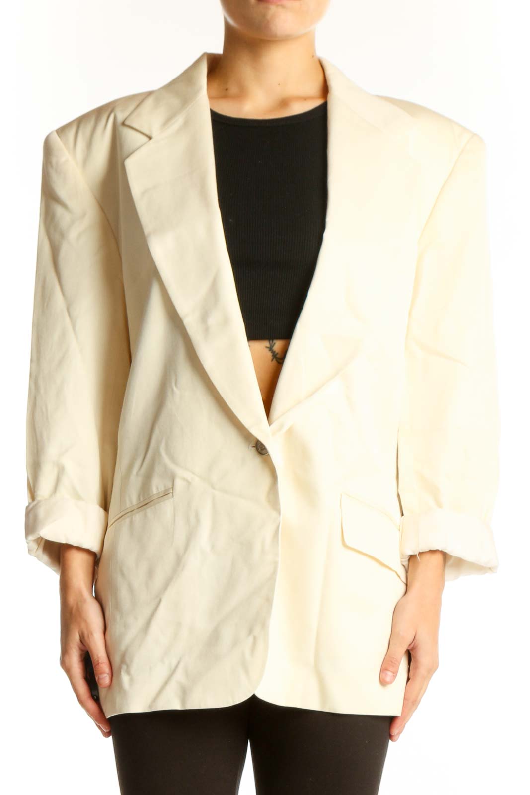 Cream Oversized Cotton-Silk Blend Blazer Front