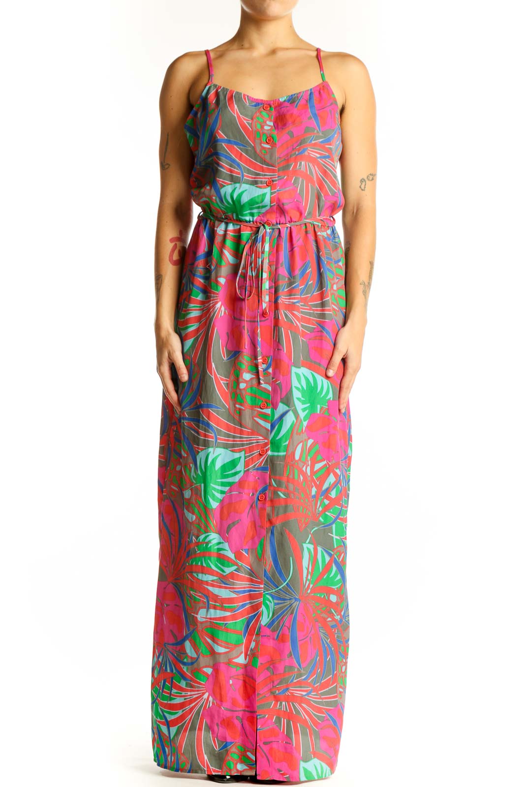 Pink Tropical Print Maxi Dress Front