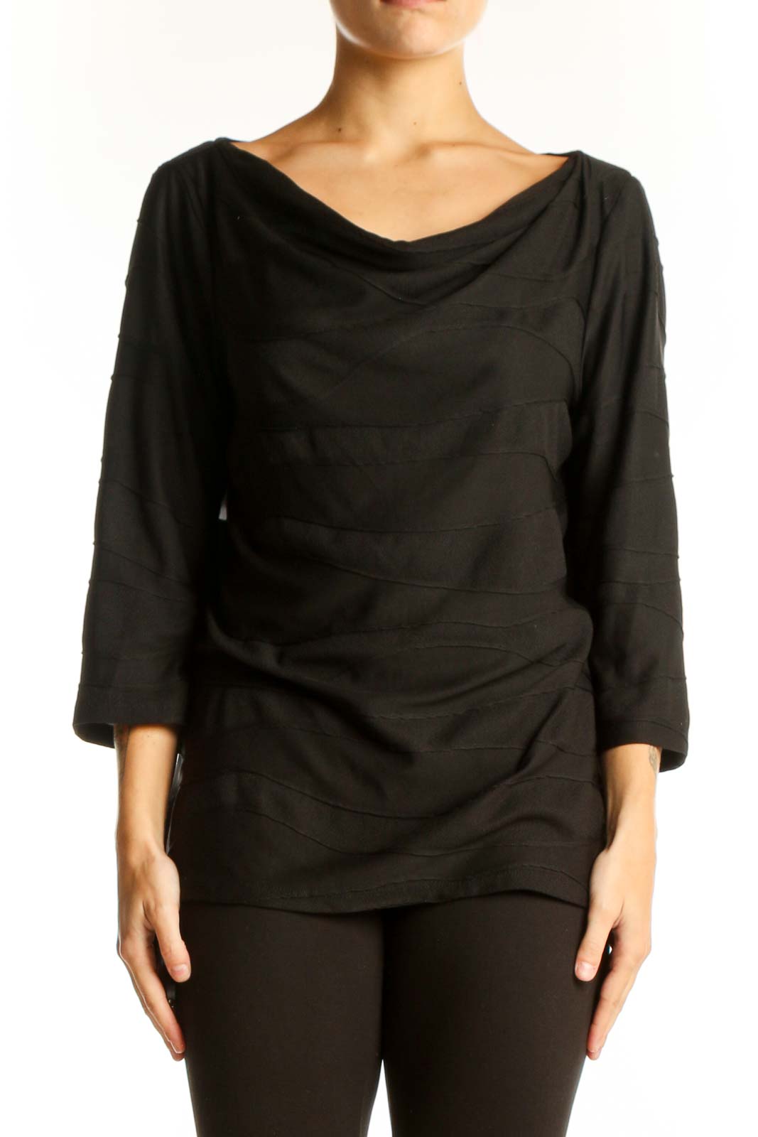 Black Draped Cowl Neck Polyester Top Front