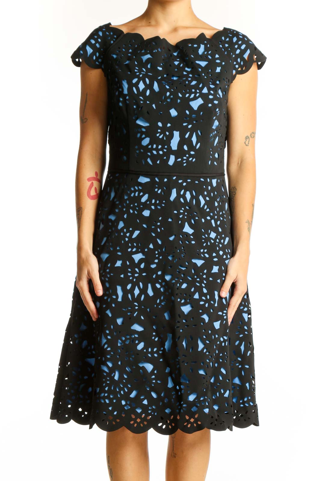 Black and Blue Floral Lace Cocktail Dress Front