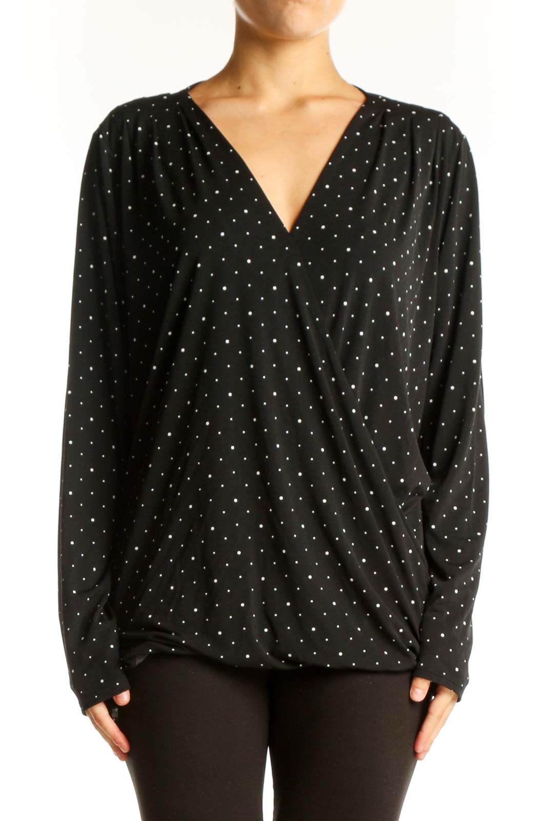 Black Polka Dot V-Neck Wrap Top Front