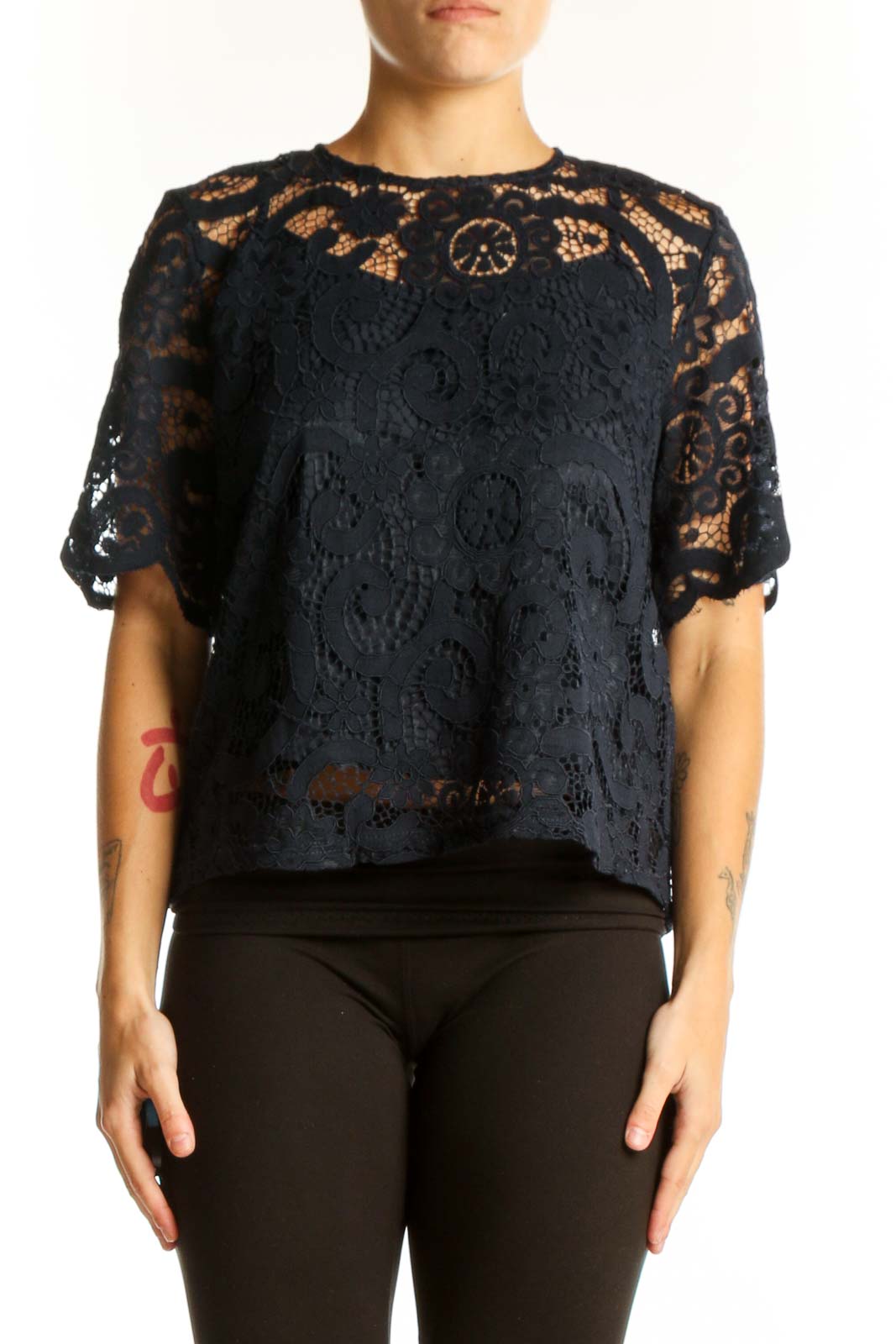 Black Lace Overlay Short Sleeve Top Front