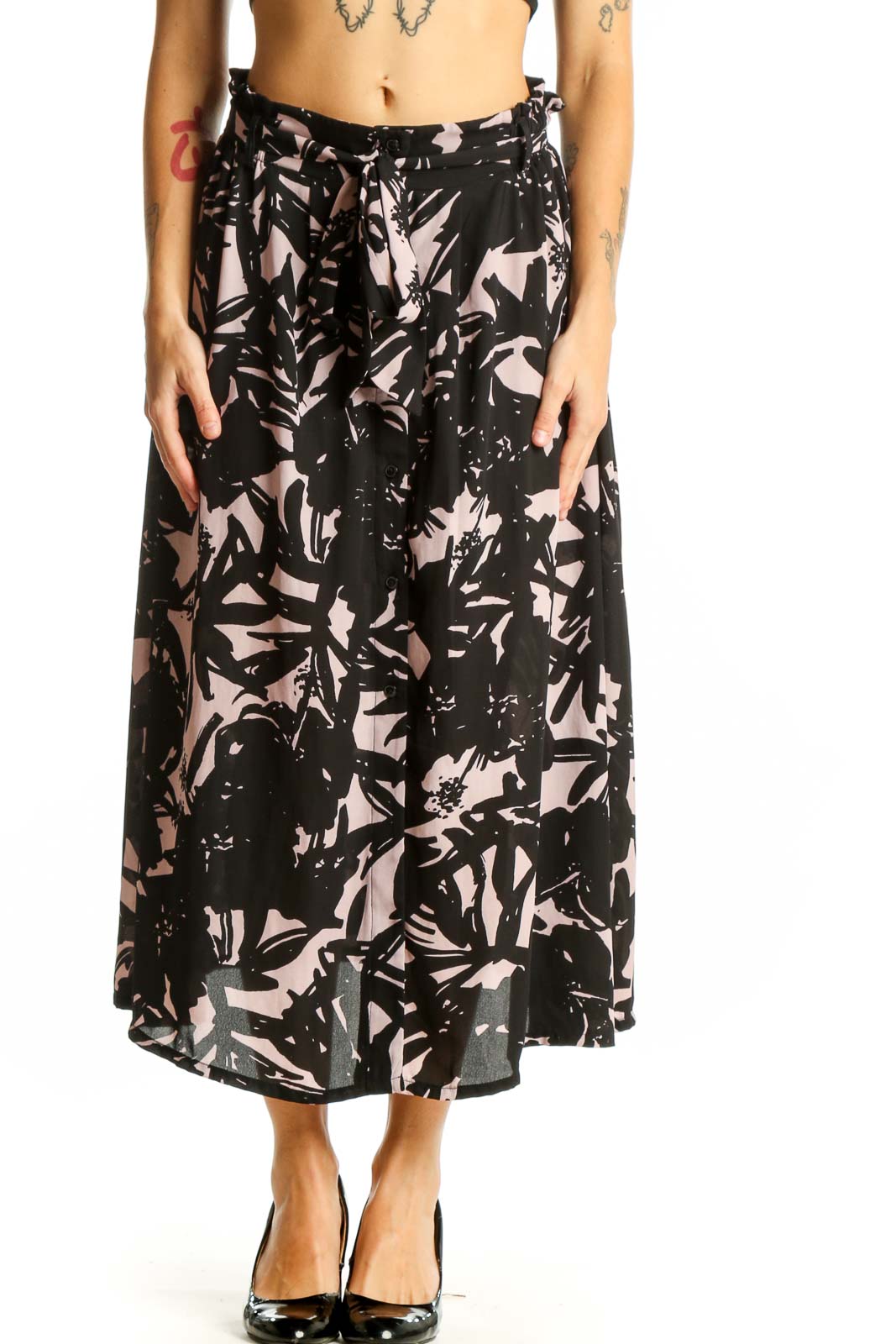 Black and Pink Floral Print Midi Skirt Front