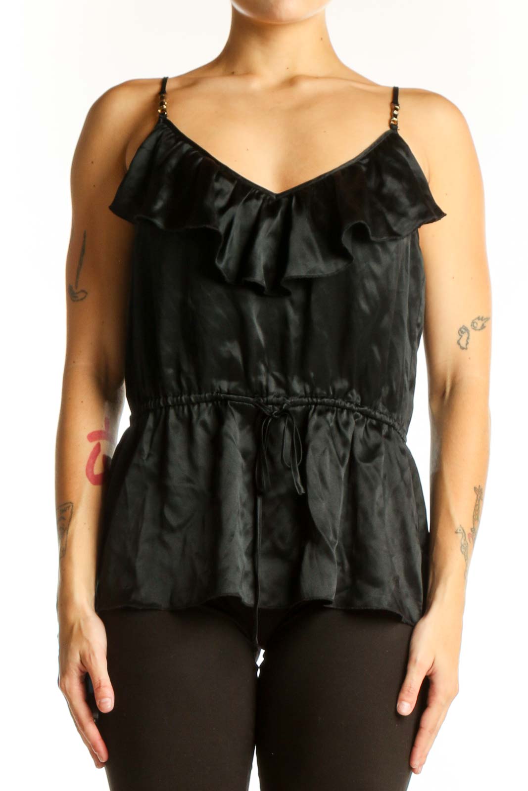 Black Silk Ruffled Camisole Top Front