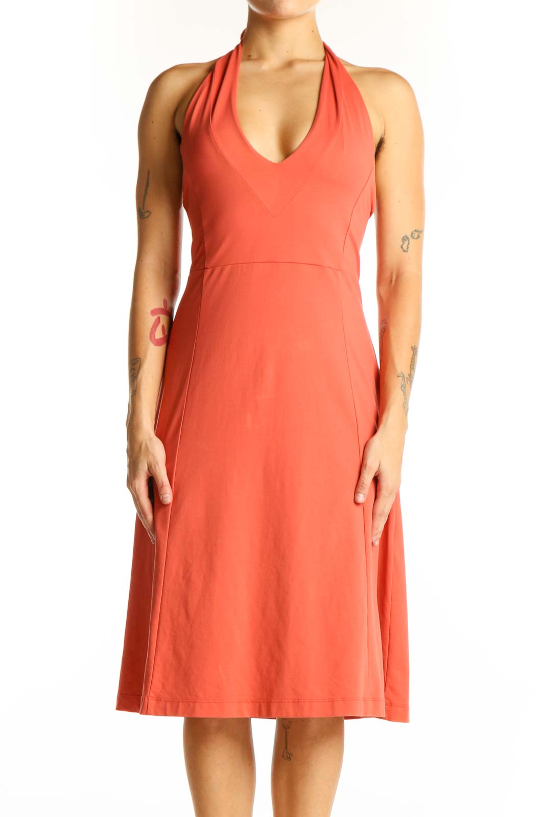 Coral Halter Neck A-Line Dress Front