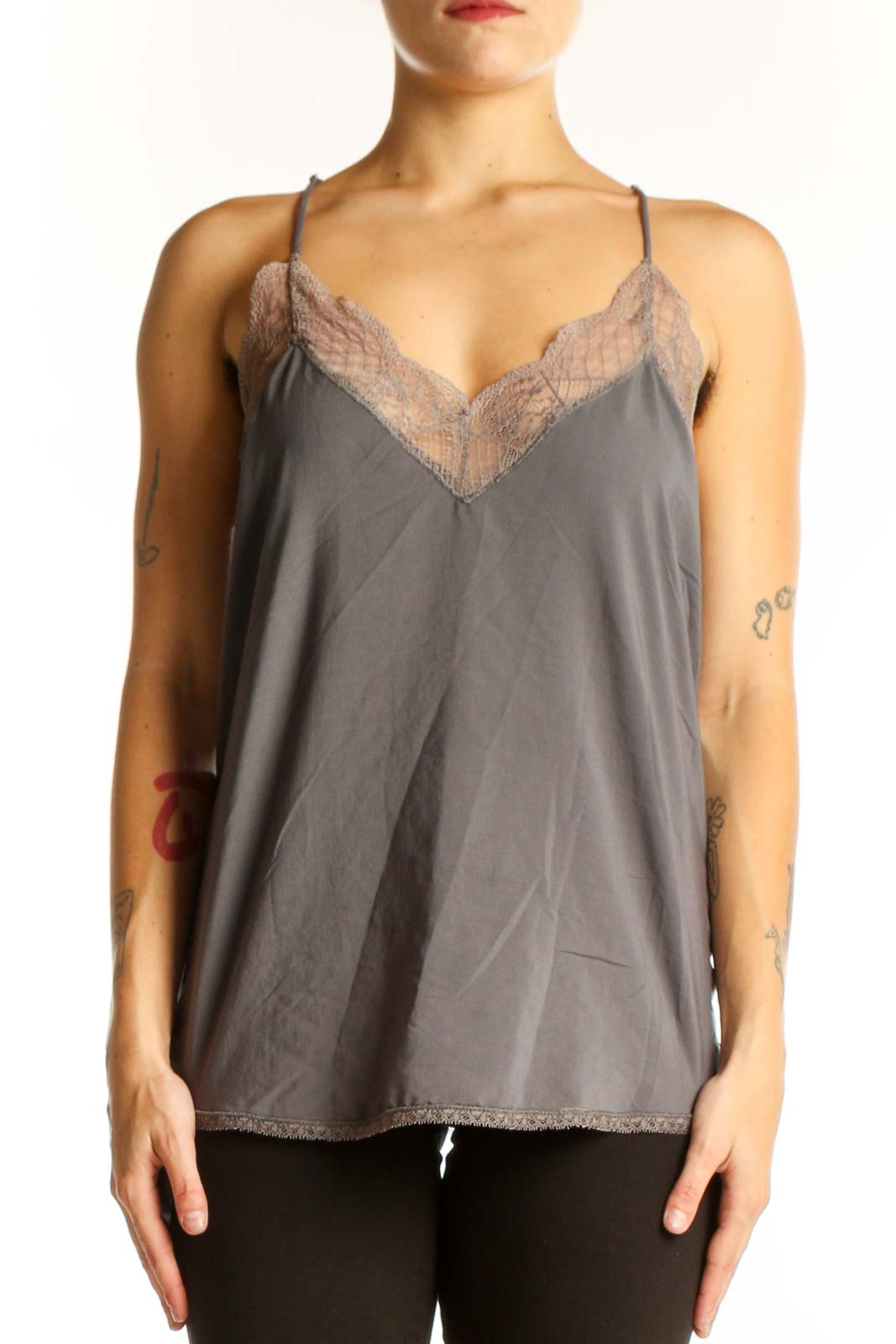 Gray Lace-Trimmed Camisole Top Front