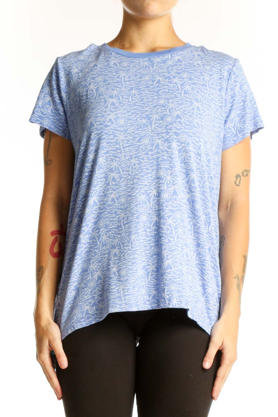 Blue Palm Tree Print Cotton-Modal Blend Top Front