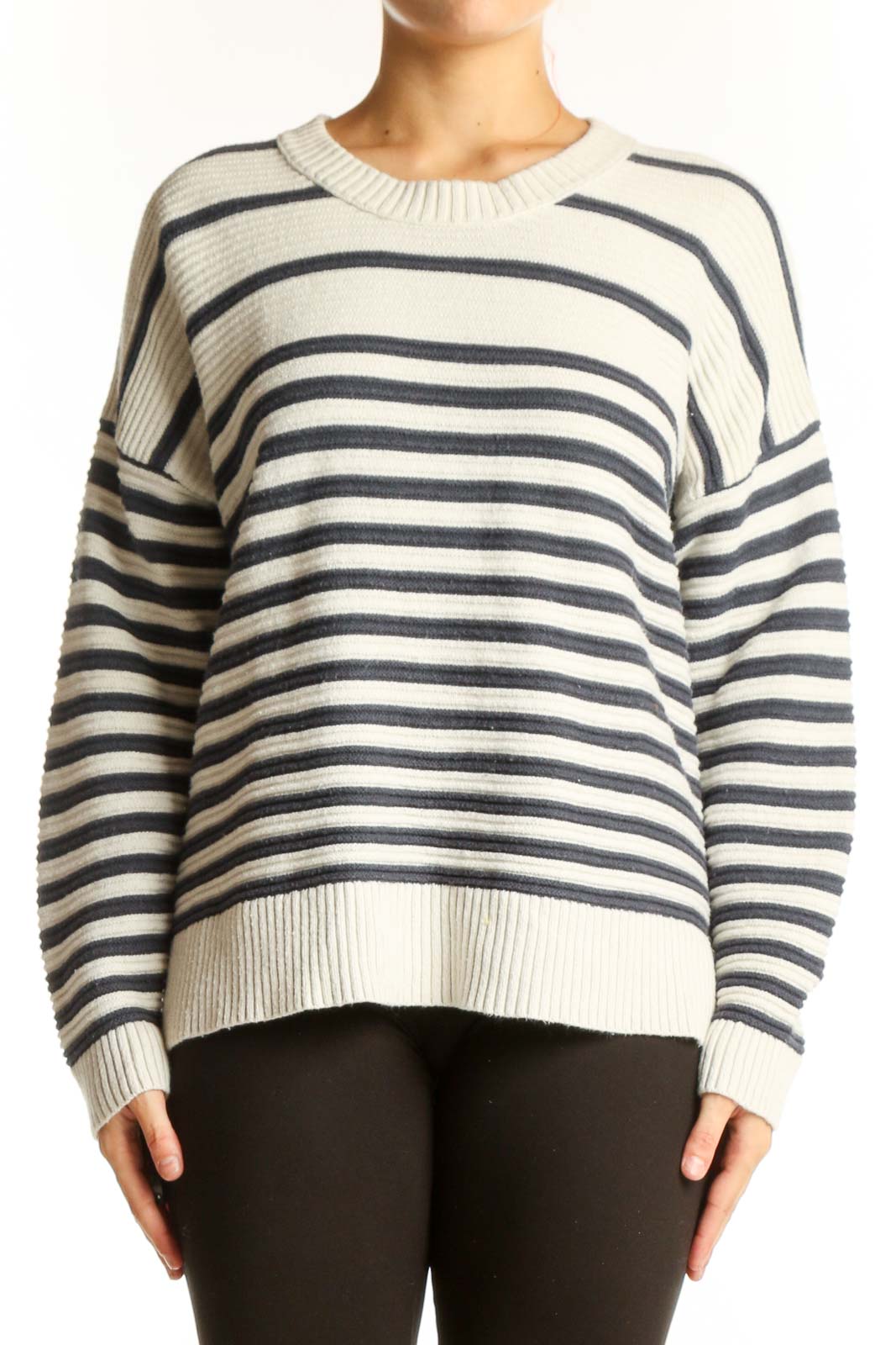 Cream and Navy Striped Knit Sweater Front
