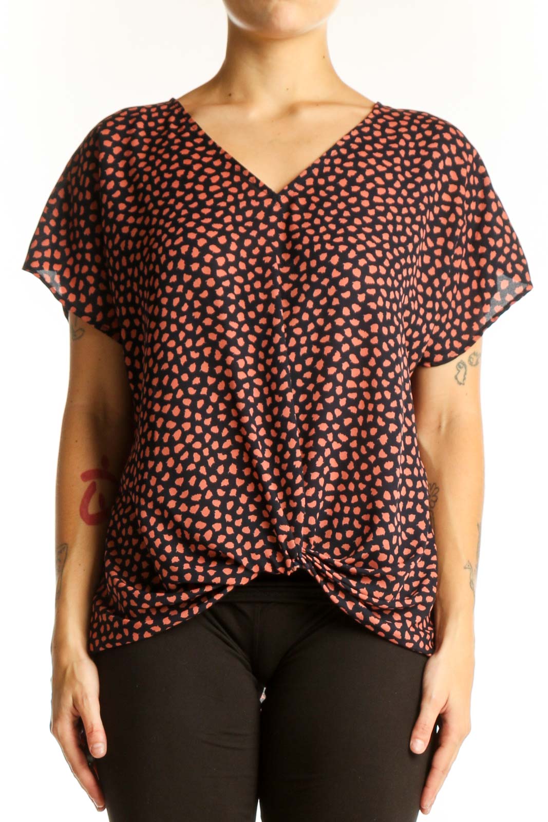 Black and Coral Spotted V-Neck Blouse Front