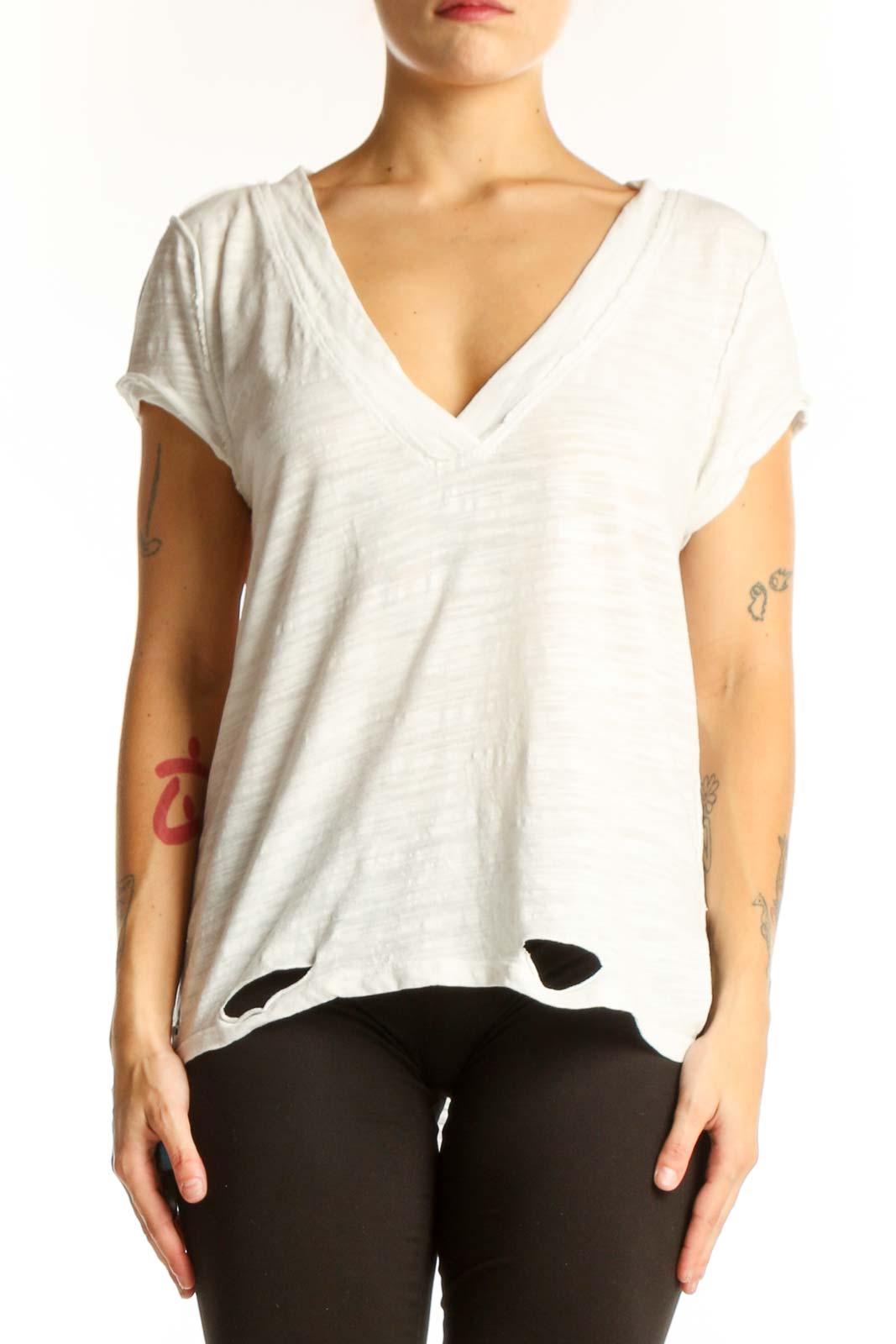 White V-Neck Distressed Casual Top Front
