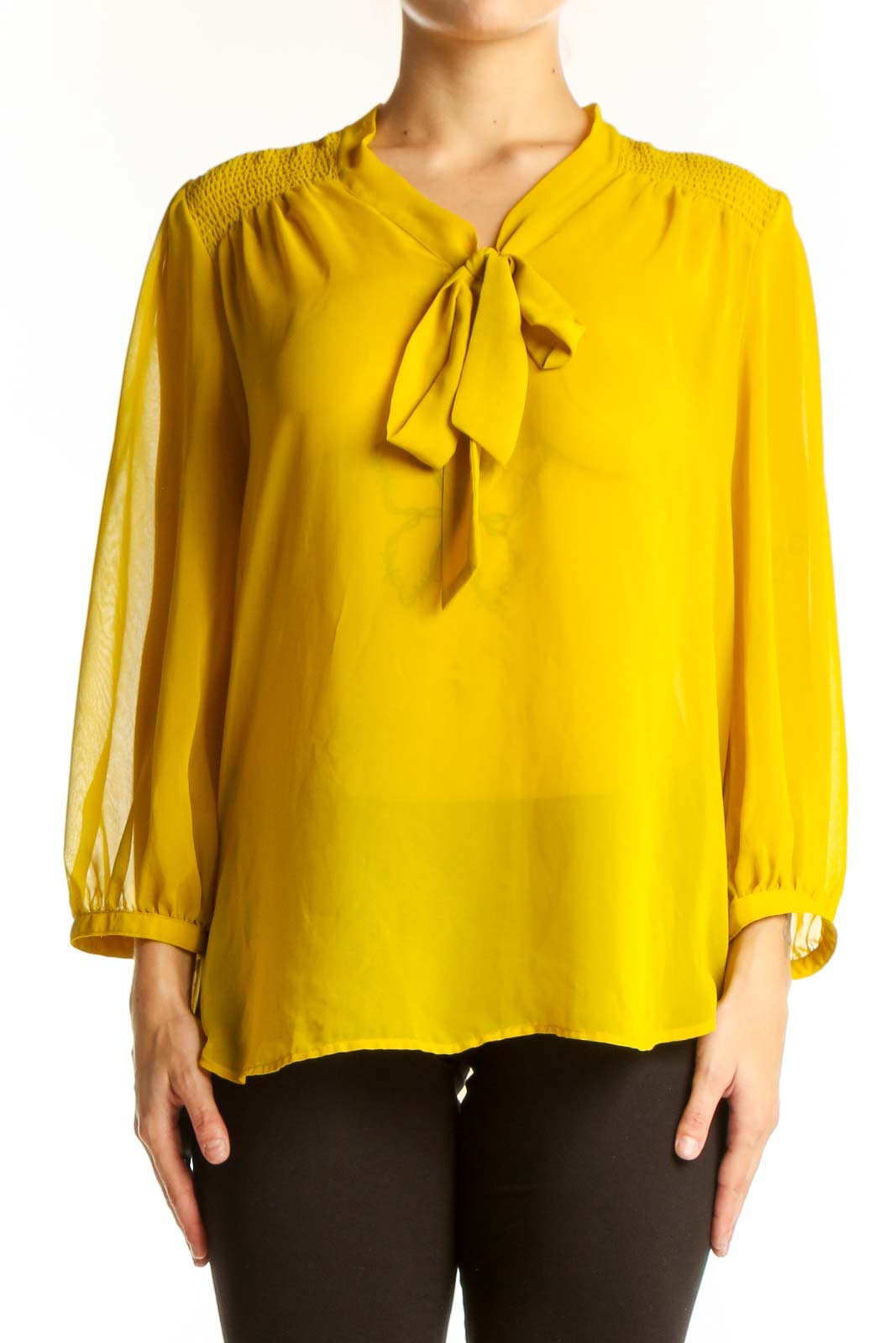 Yellow Sheer Tie-Neck Blouse Front