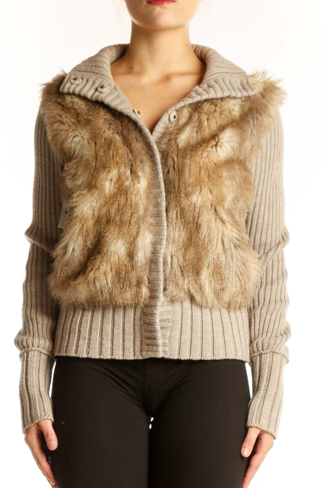 Beige Faux Fur Knit Jacket Front