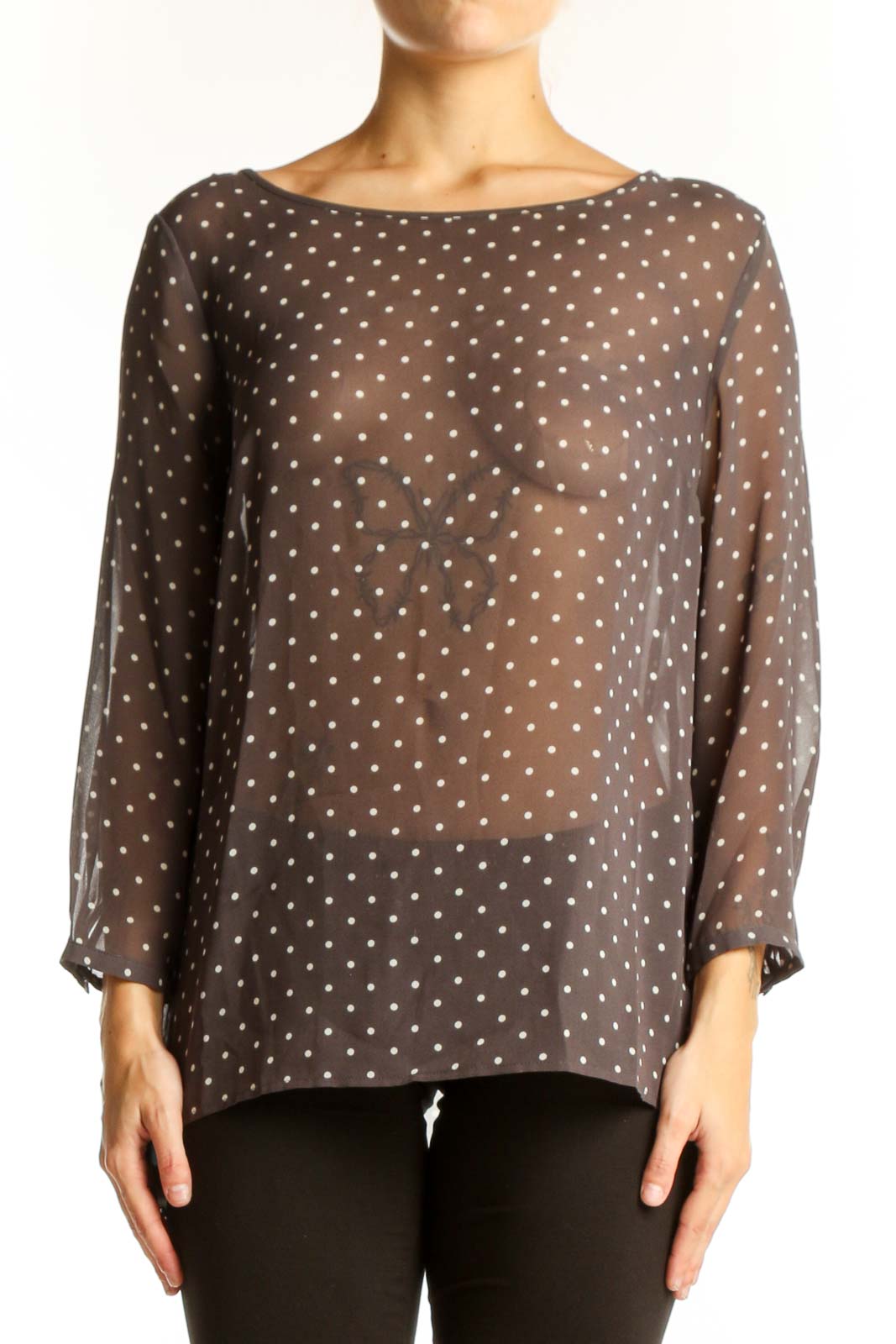 Brown Polka Dot Sheer Blouse Front