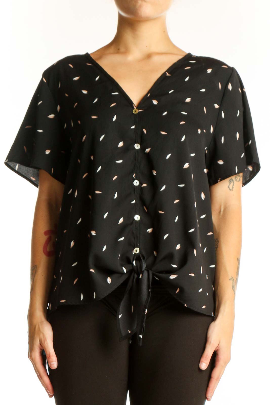 Black Patterned Button-Down Blouse Front