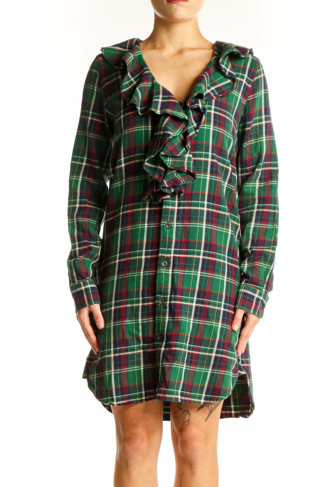 Green Plaid Cotton Ruffle Shirt Dress Front