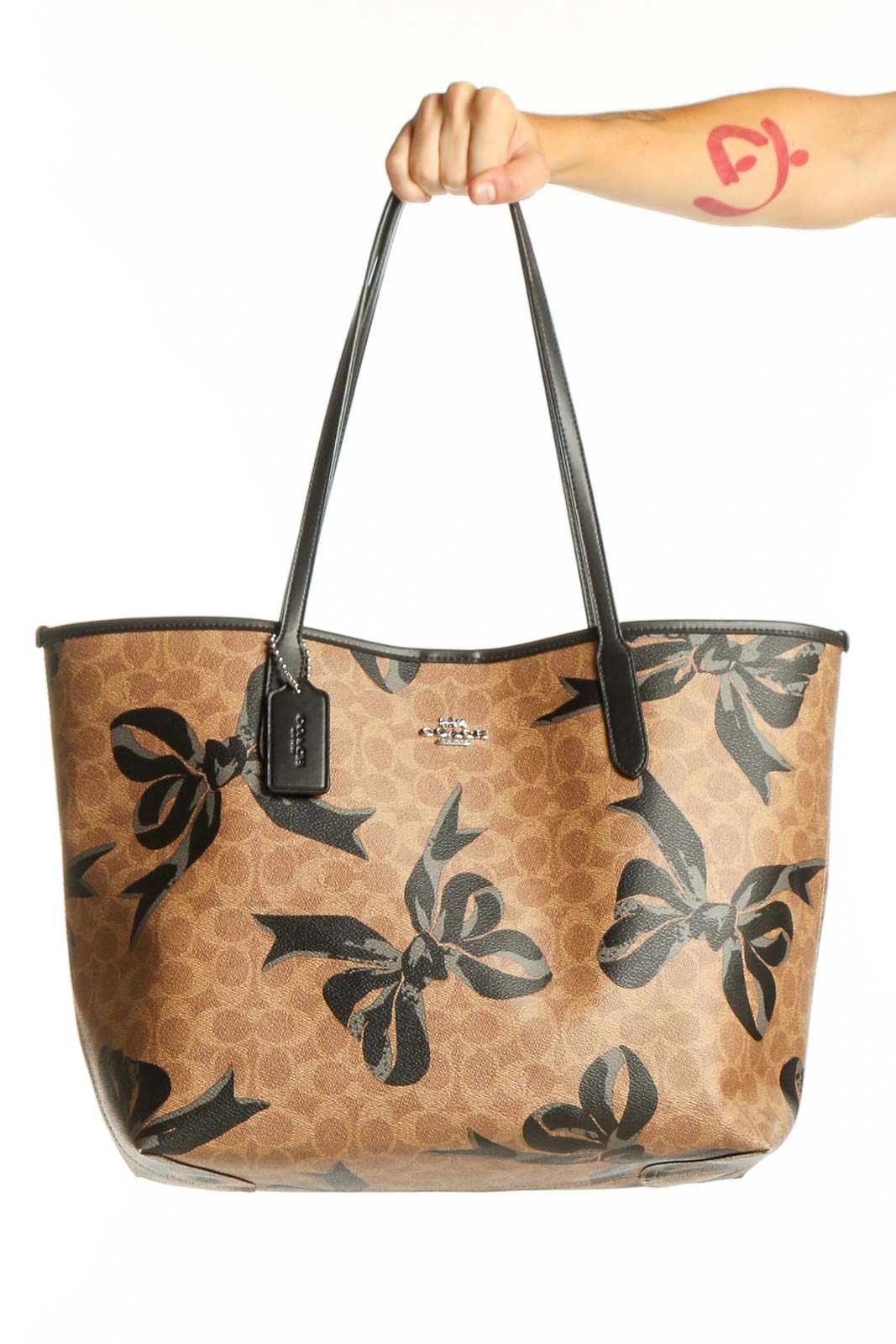 Tan Floral Print Tote Bag Front