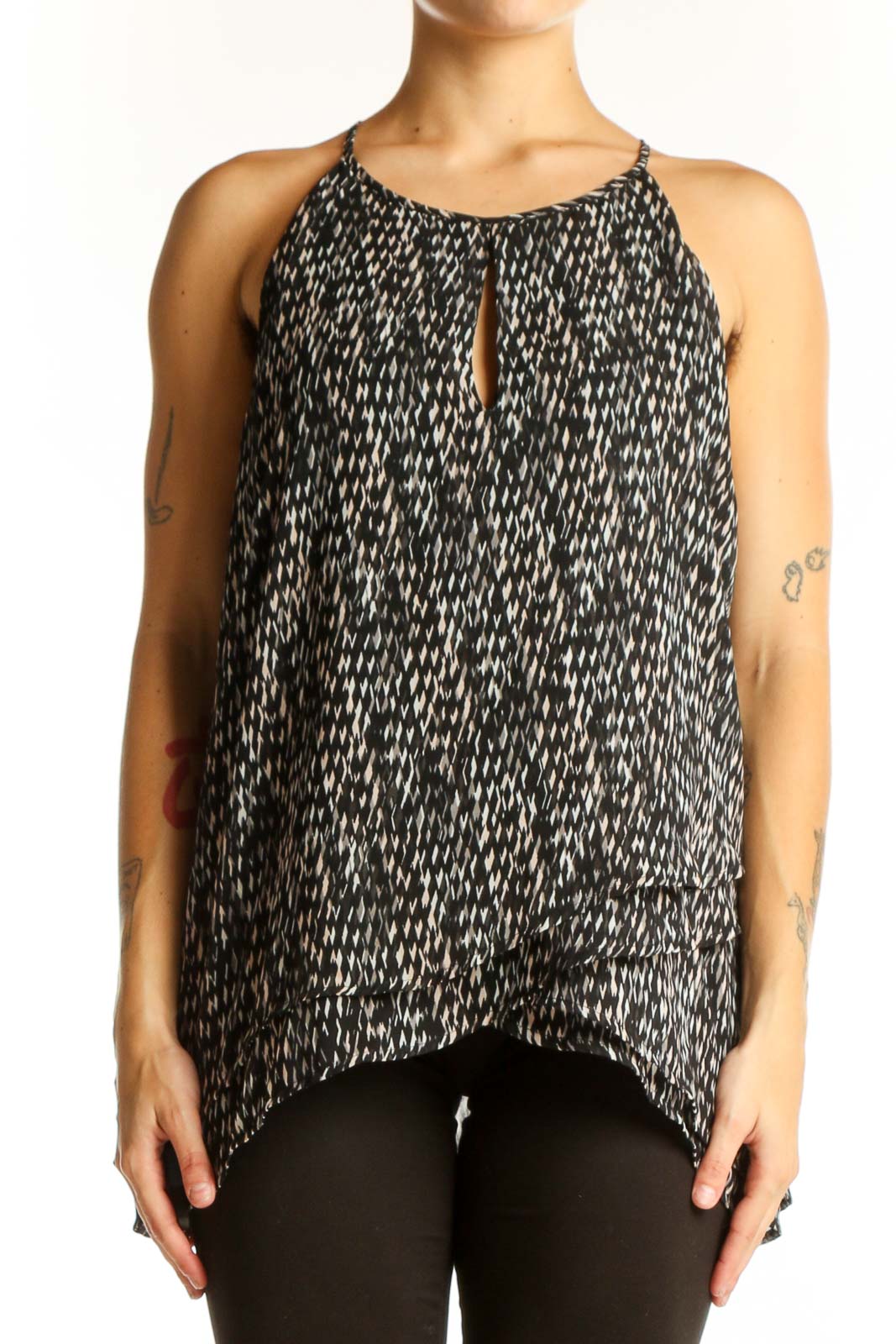 Black Patterned Sleeveless Blouse Front