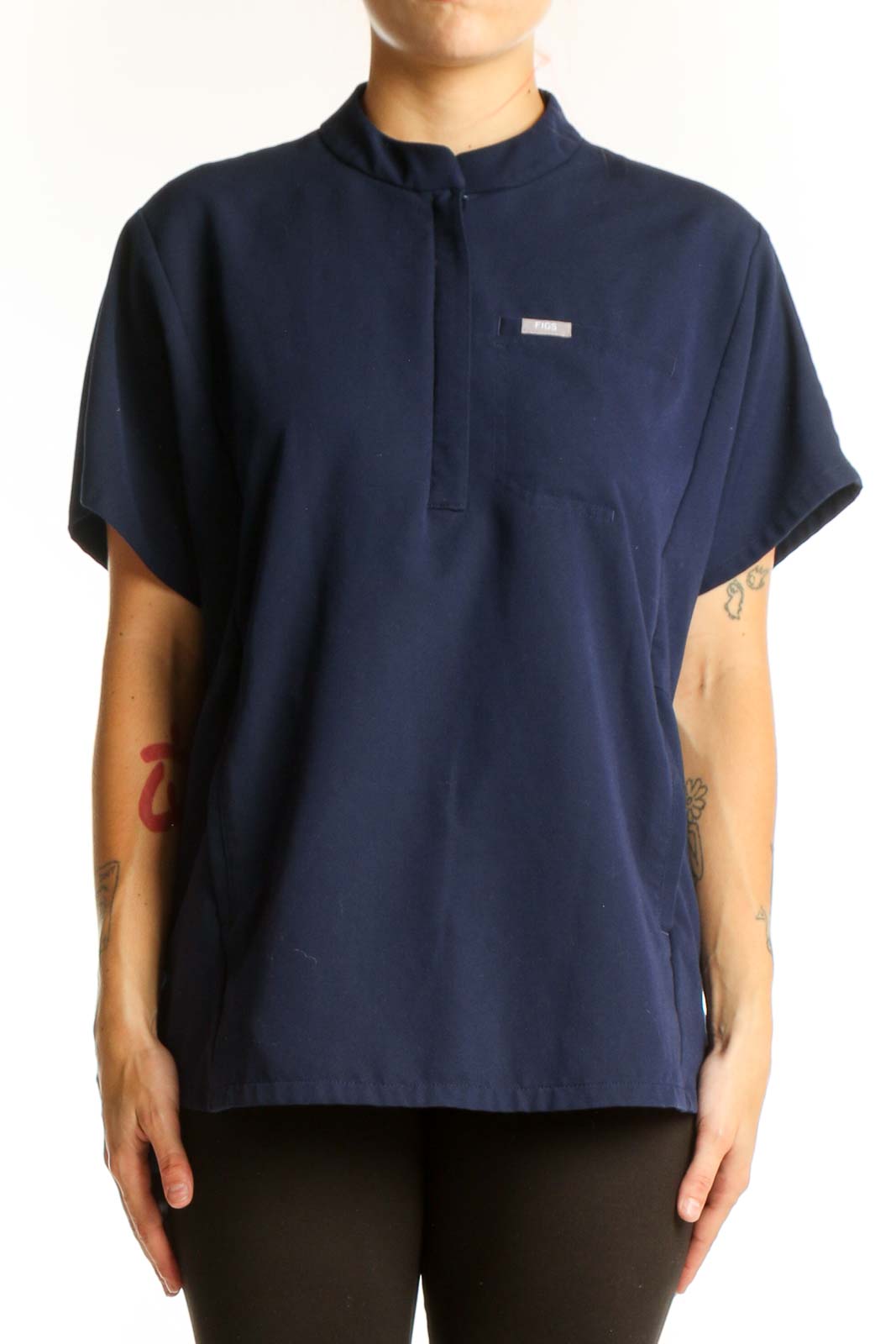 Navy Short-Sleeve Mandarin Collar Top Front