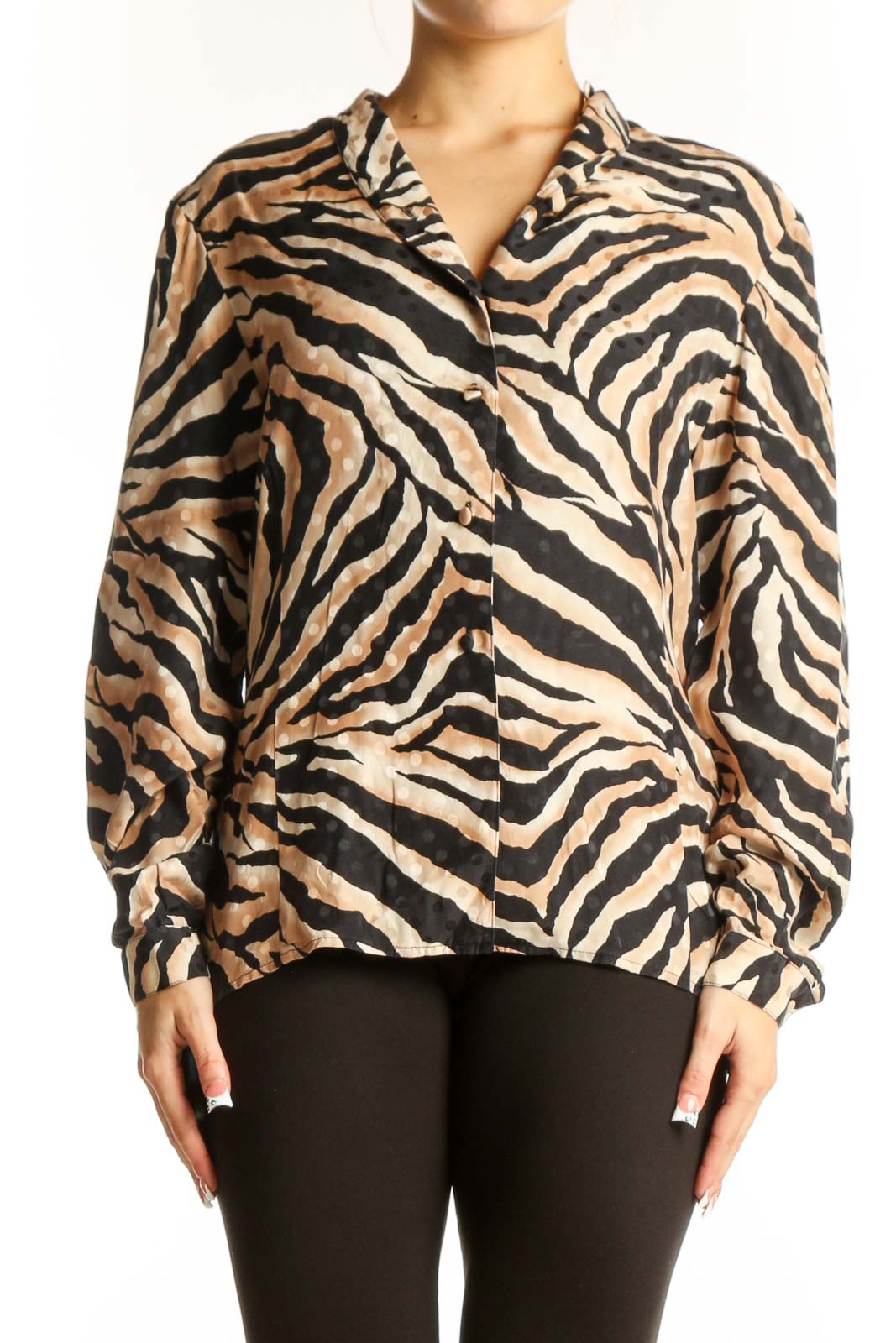Tan and Black Zebra Print Silk Blouse Front