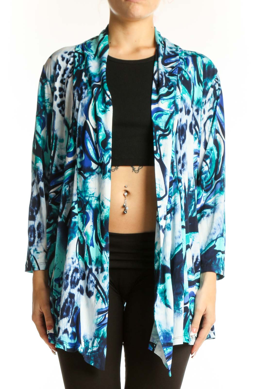 Blue and Teal Abstract Print Cardigan Front