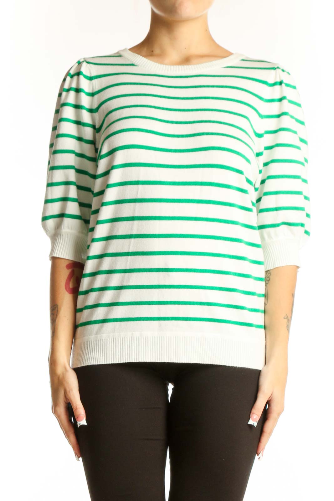 Green Striped Short-Sleeve Knit Top Front