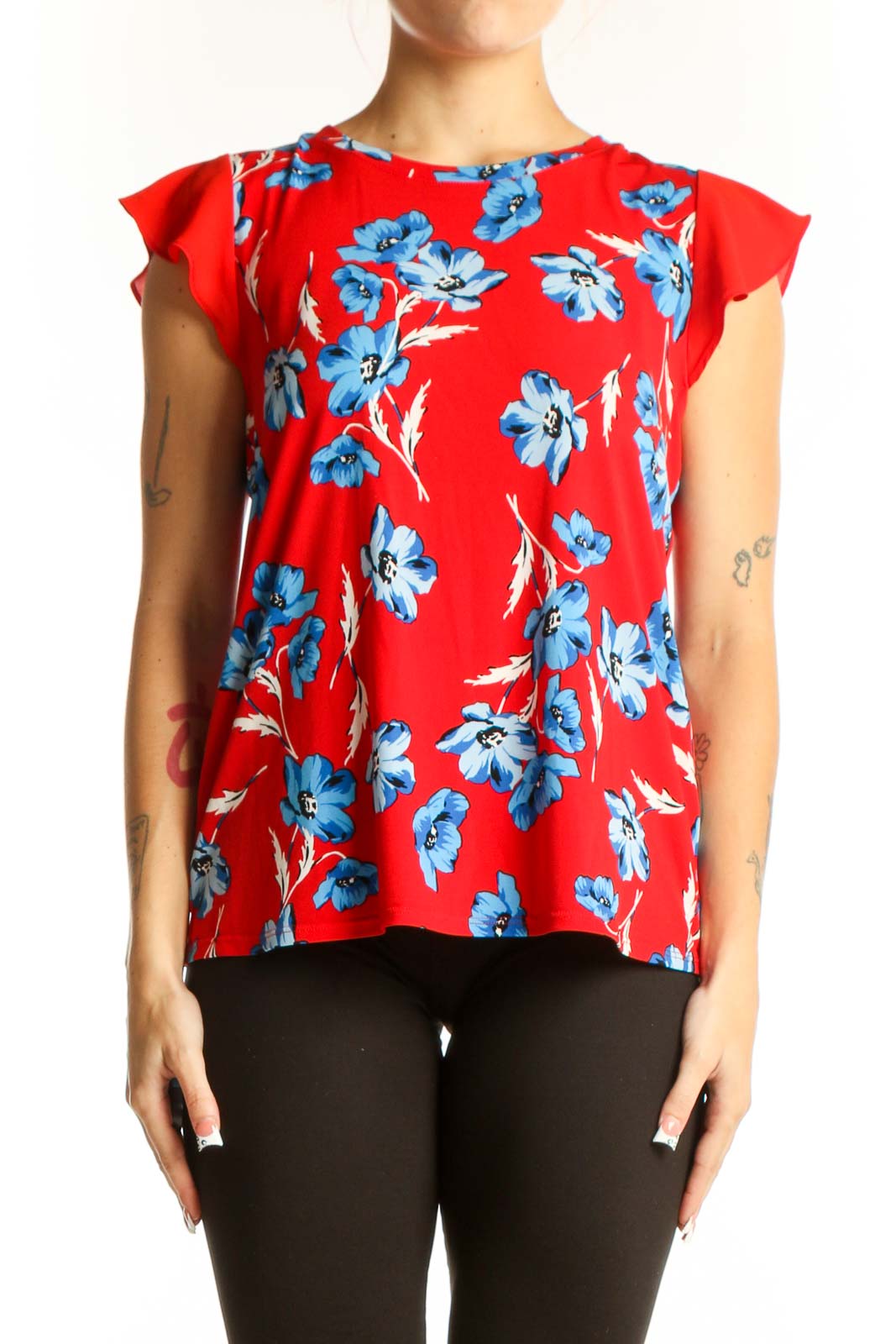 Red Floral Flutter Sleeve Blouse Front