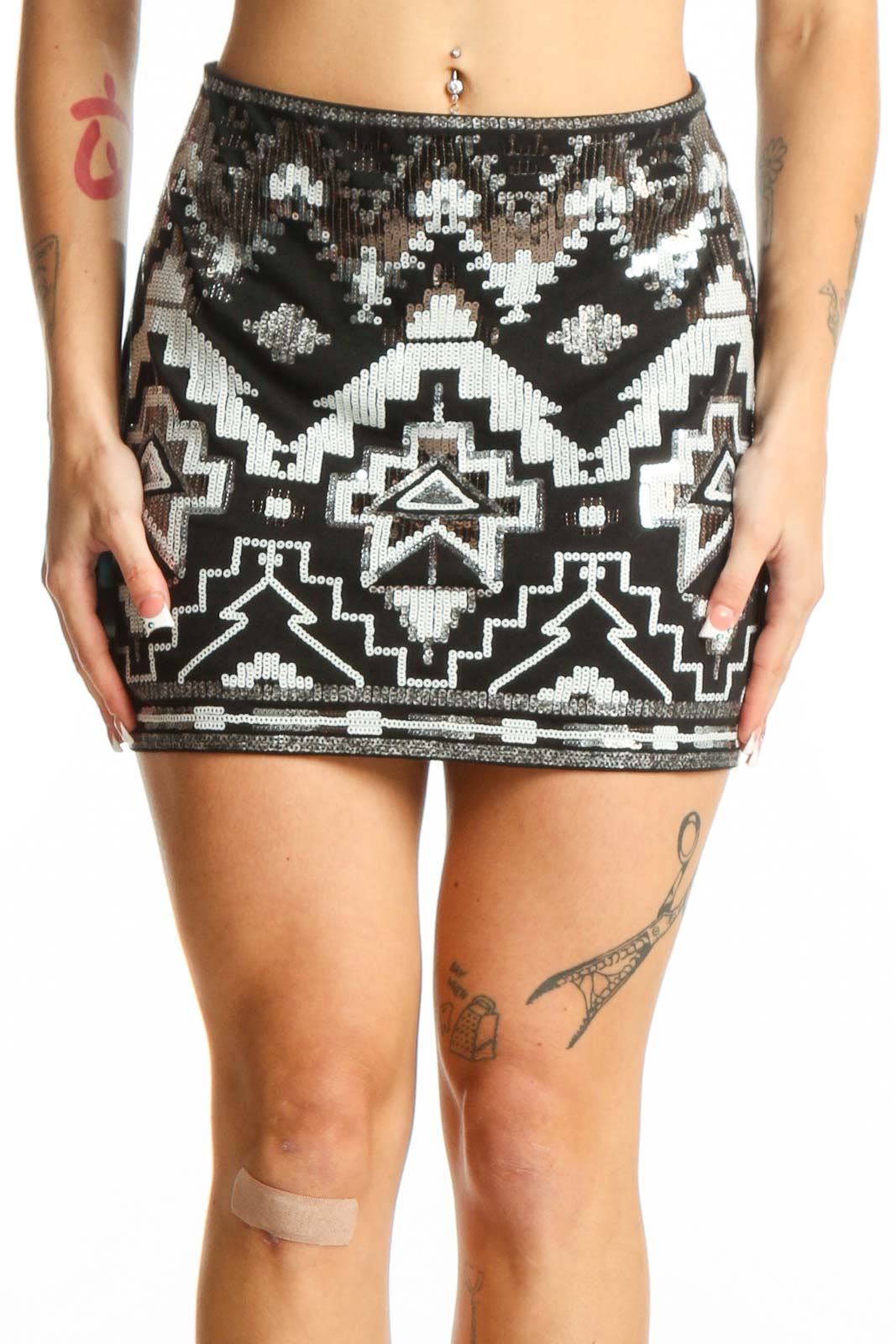 Black and White Sequin Aztec Mini Skirt Front