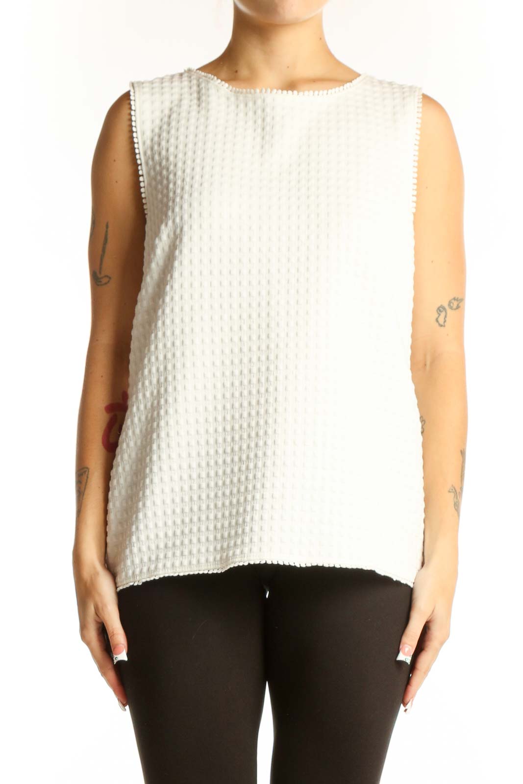White Textured Sleeveless Blouse Front