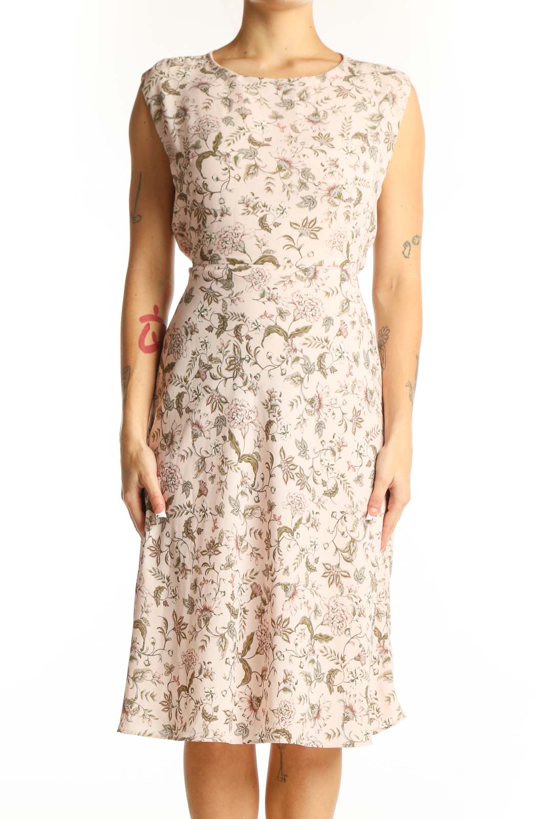 Beige Floral Print Sleeveless Midi Dress Front