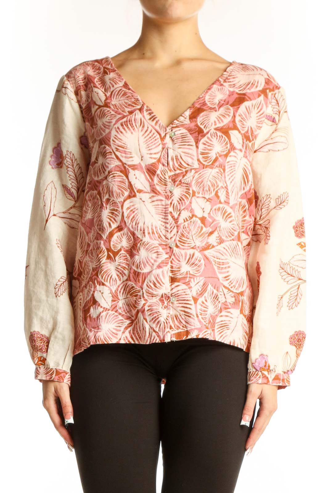 Pink Floral Linen V-Neck Blouse Front