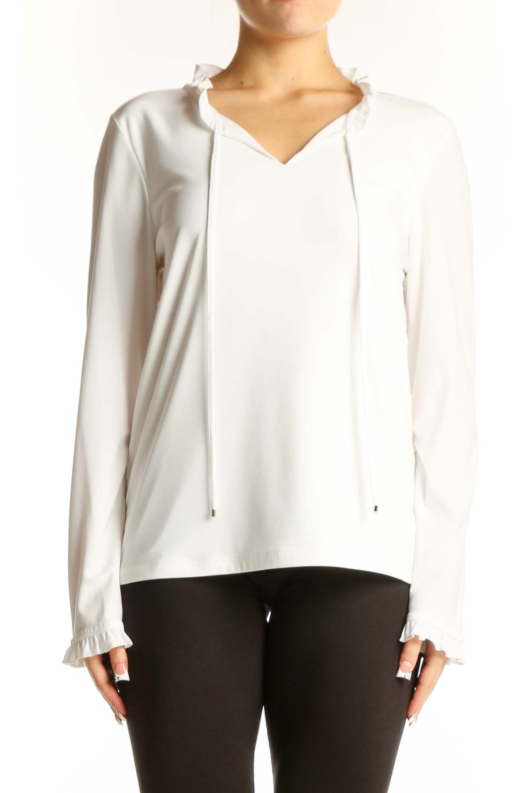 White V-Neck Long Sleeve Ruffle Top Front