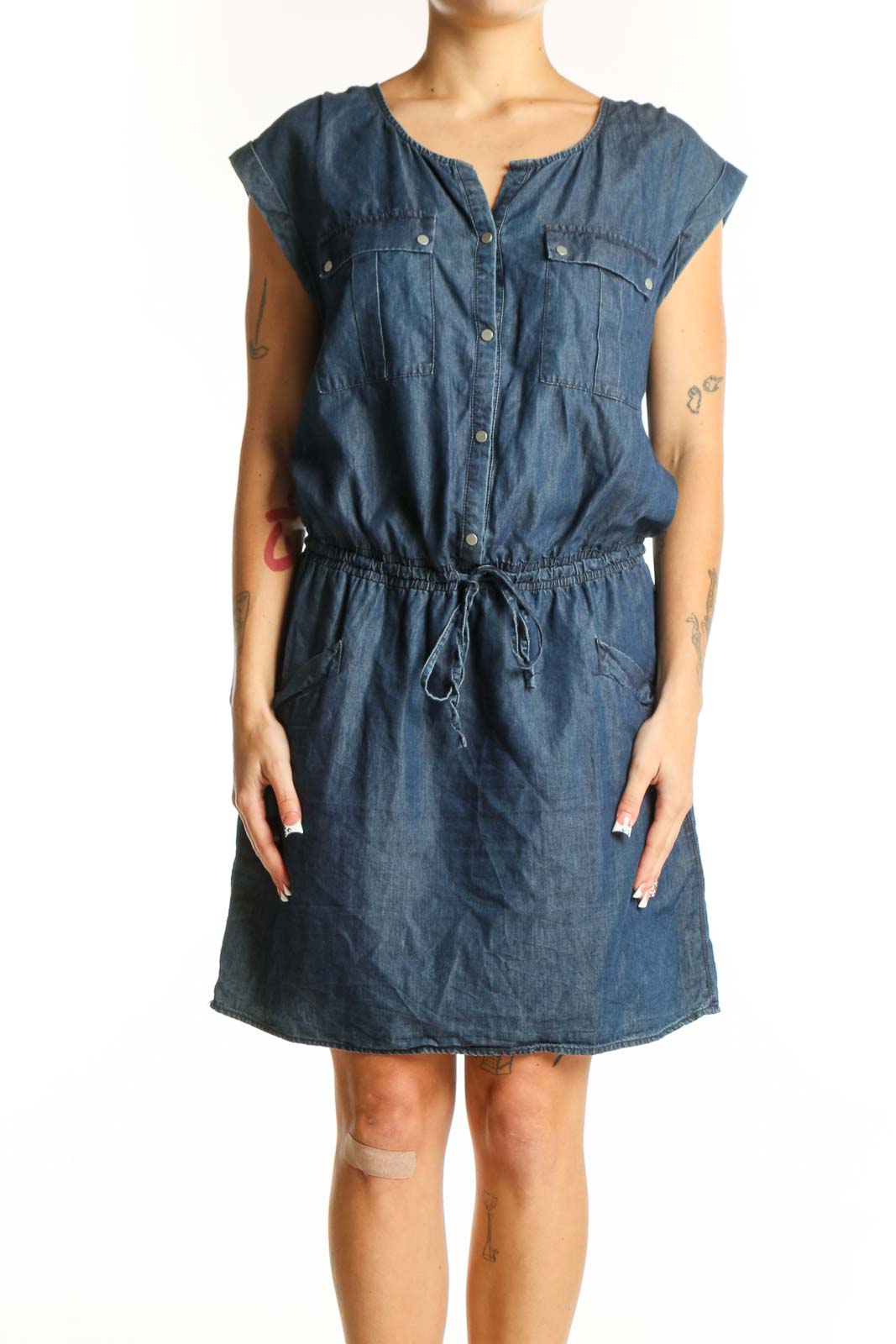 Blue Denim Drawstring Waist Dress Front