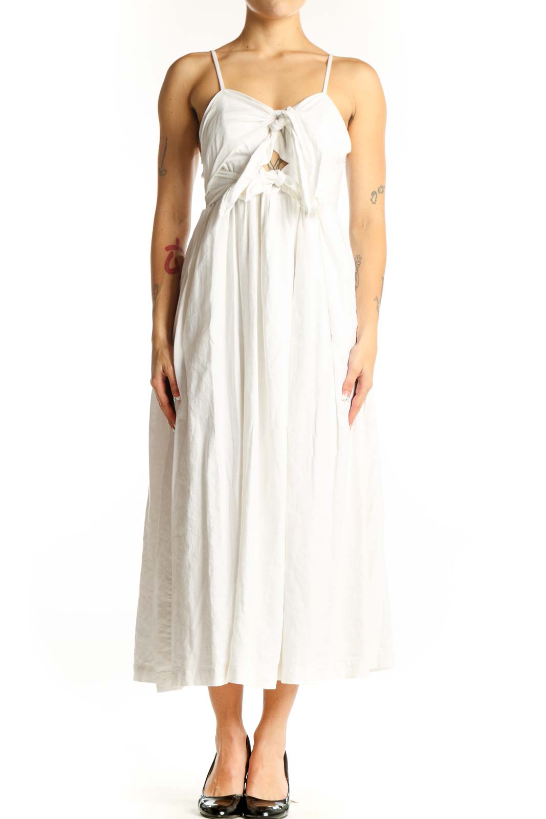 White Linen Blend Tie-Front Midi Dress Front