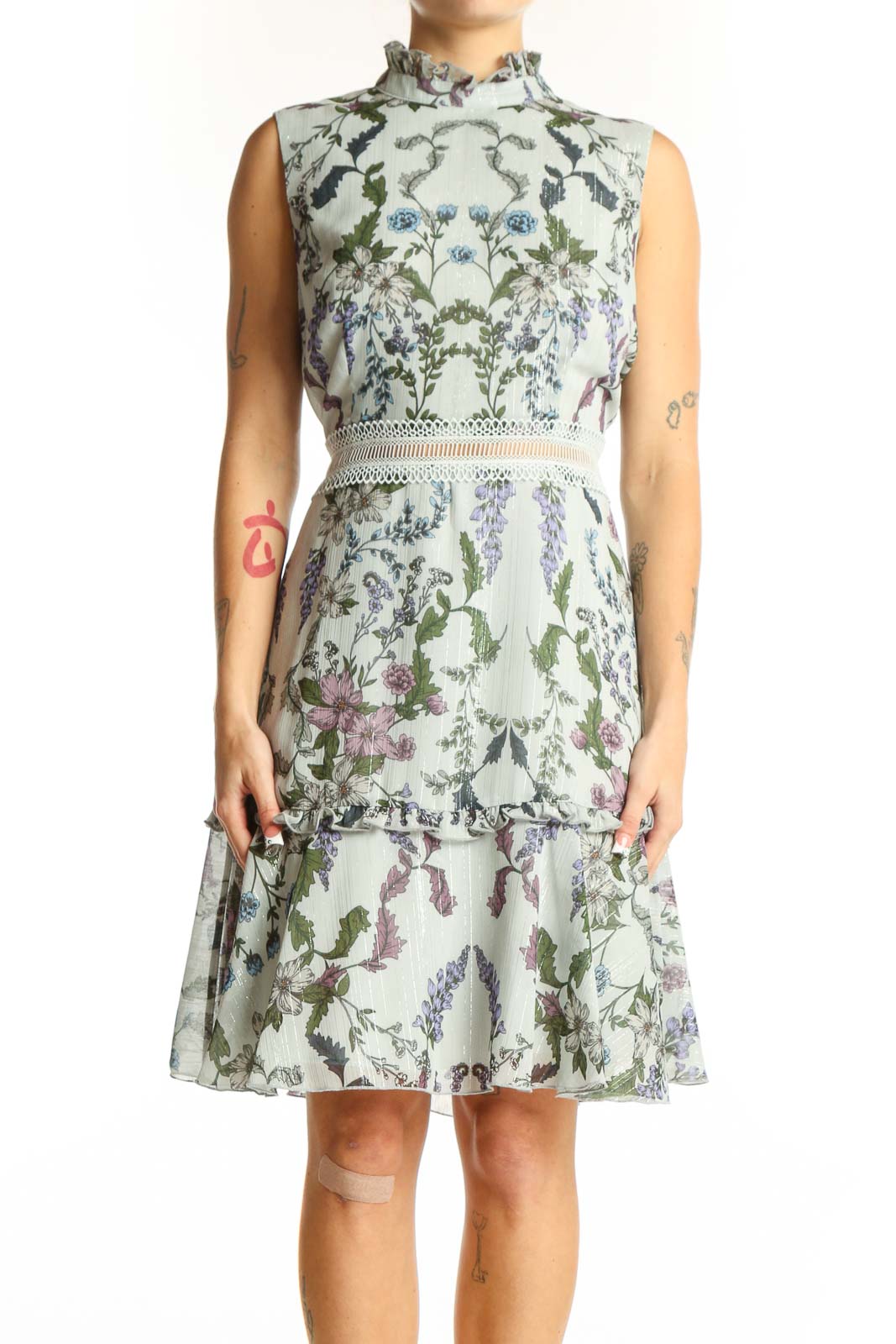 Mint Floral Sleeveless Cocktail Dress Front