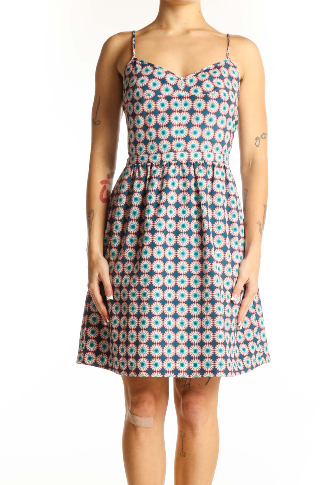 Blue Floral Geometric Print Sundress Front