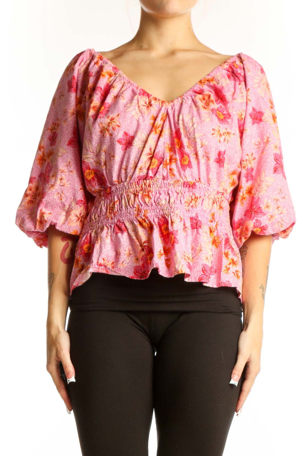 Pink Floral Puff Sleeve Peplum Top Front