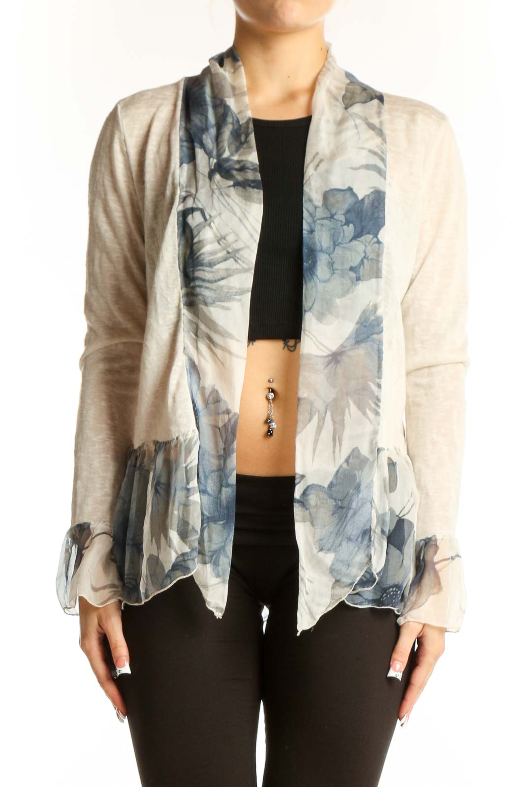 Beige Floral Print Knit Cardigan Front