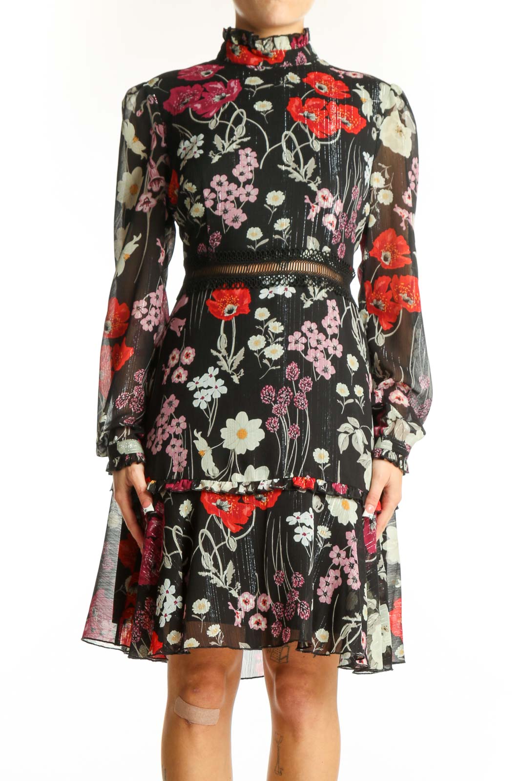 Black Floral Print Chiffon Cocktail Dress Front