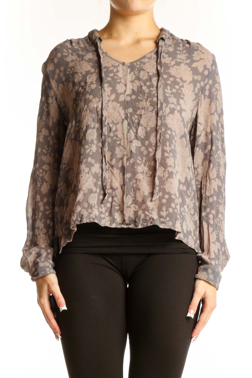 Gray Floral Sheer Hooded Blouse Front